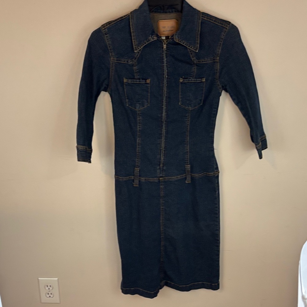 TRF Zara Blue Jean Denim Dress 3/4 Sleeves Zip Front Size 8